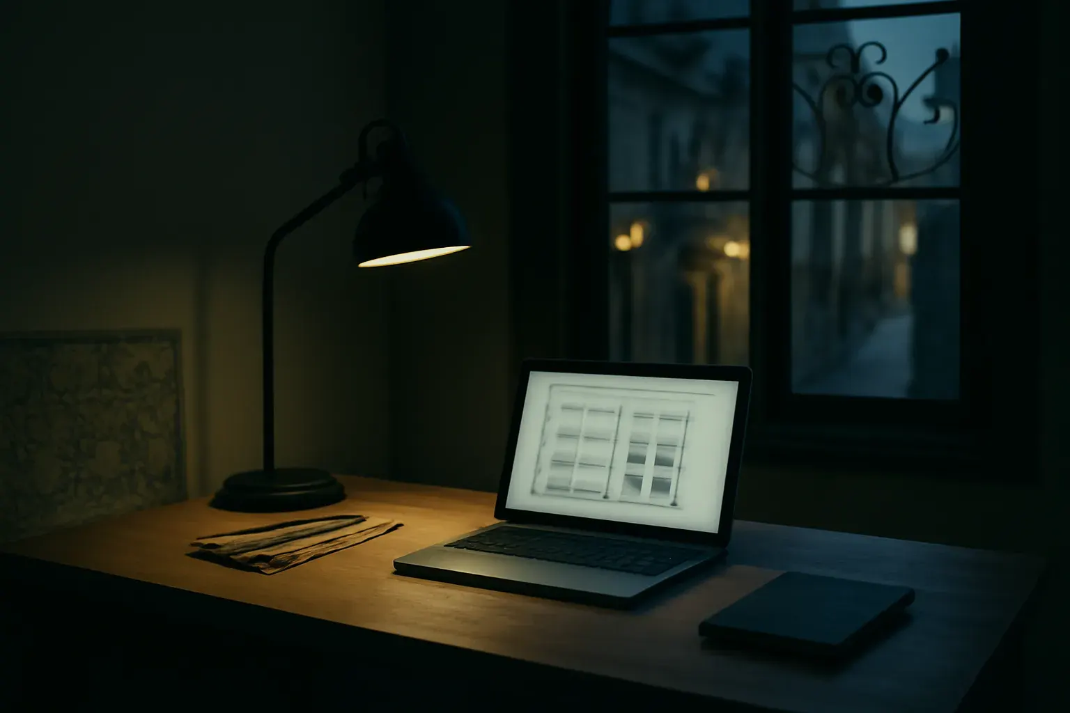 A corner of the arcdesignlabs studio desk — reference material, a laptop, and a printed spec sheet.