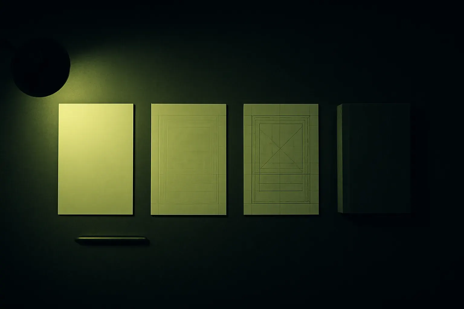 An abstract, wide compositional view of a project's spec sheet and stage timeline, rendered in the studio's dark palette with a lime arc watermark.