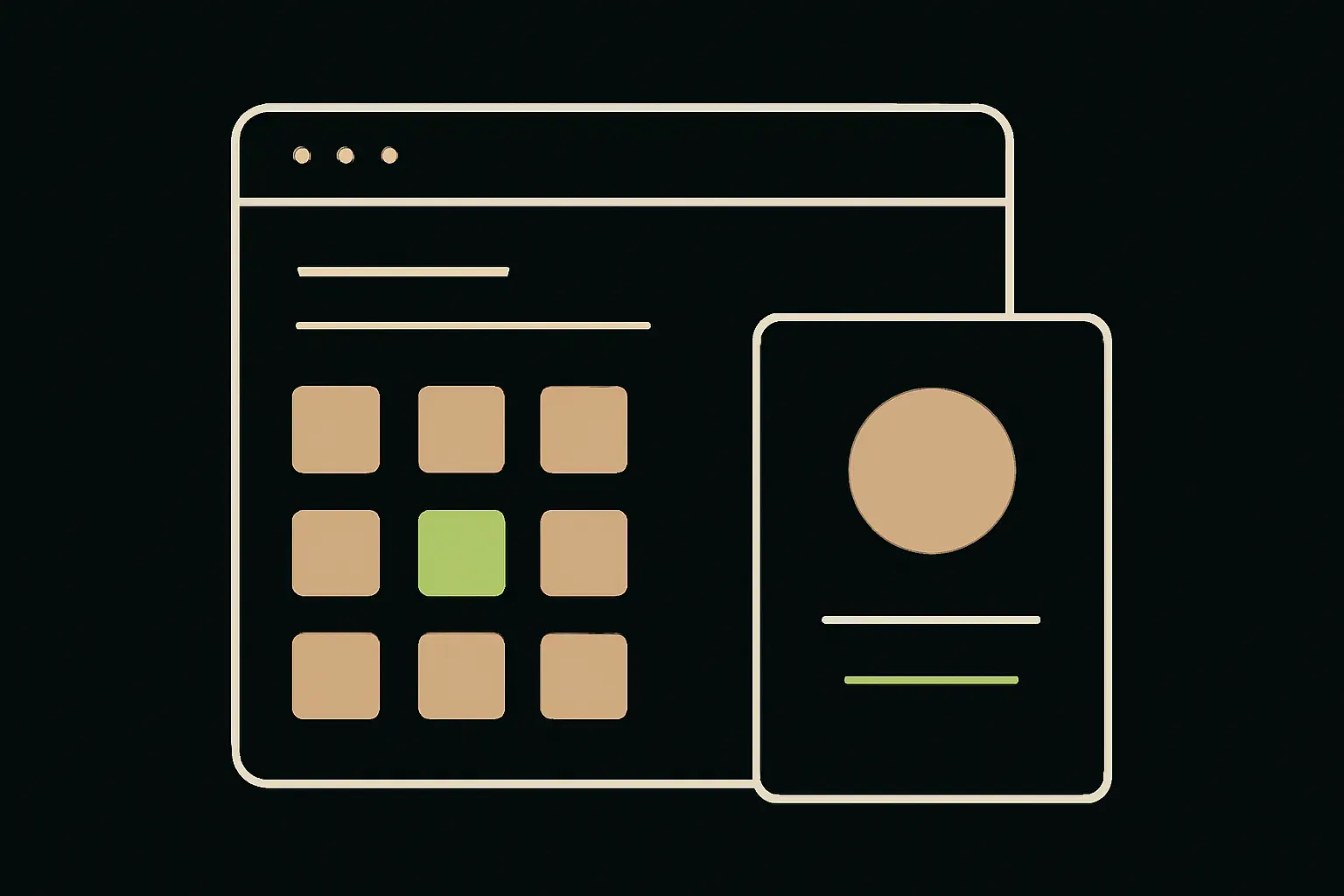 A flat, geometric composition of packaging, logo marks and a storefront screen for the concept brand Passagem, in duotone lime and near-black.